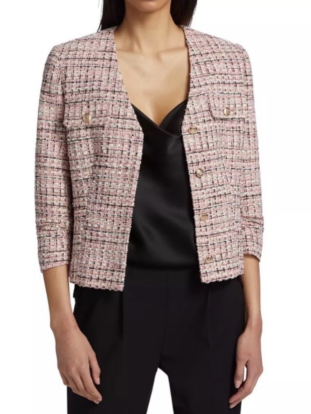 NWT Elie Tahari Maddie Cropped Tweed Jacket Pink 3/4 Sleeve Blazer Size 4 $395